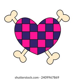 Heart with bones. Emo Y2k style. Black and pink subculture. Vector flat illustration isolated on white background