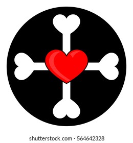 Heart and bones icon. Bones with heart in black round icon.  Isolated vector illustration in flat style. 