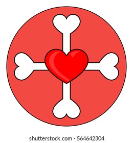 Heart and bones icon. Bones with heart in round icon.  Isolated vector illustration in flat style. 