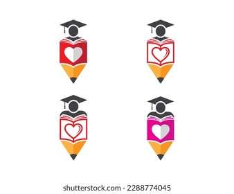 Heart Book Love Pencil Logo Concept icon sign symbol Element Design. Graduation, Courses, E-book, Education, Library, Book Store and Academy Logotype. Vector illustration template