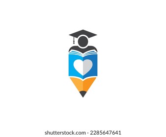 Heart Book Pencil Logo Concept symbol icon sign Element Design. E-book, Graduation, Library, Courses, Book Store and Academy Logotype. Vector illustration template 