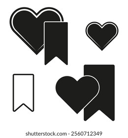 Heart and bookmark icons. Black and white designs. Vector heart symbols. Geometric bookmark shapes.
