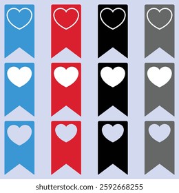 Heart bookmarks, banners, set of vibrant array featuring blue, red, black and grey, each with a heart design. Perfect for books and journals.