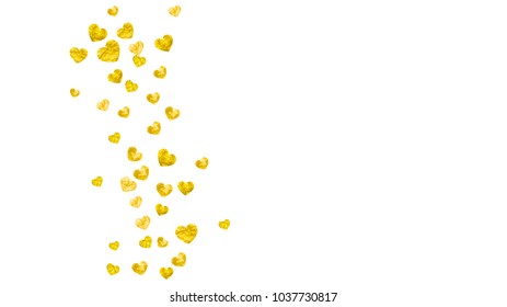 Heart border background with gold glitter. Valentines day. Vector confetti. Hand drawn texture.
 Love theme for poster, gift certificate, banner. Wedding and bridal template with heart border.