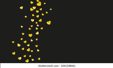 Heart border background with gold glitter. Valentines day. Vector confetti. Hand drawn texture.
 Love theme for gift coupons, vouchers, ads, events. Wedding and bridal template with heart border.