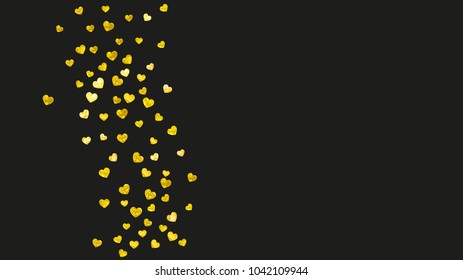 Heart border background with gold glitter. Valentines day. Vector confetti. Hand drawn texture.
 Love theme for gift coupons, vouchers, ads, events. Wedding and bridal template with heart border.