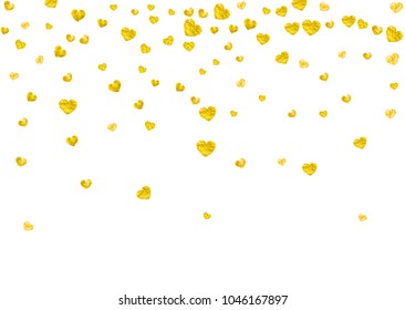Heart border background with gold glitter. Valentines day. Vector confetti. Hand drawn texture. Love theme for gift coupons, vouchers, ads, events. Wedding and bridal template with heart border.