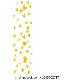 Heart border background with gold glitter. Valentines day. Vector confetti. Hand drawn texture. Love theme for voucher, special business banner. Wedding and bridal template with heart border.
