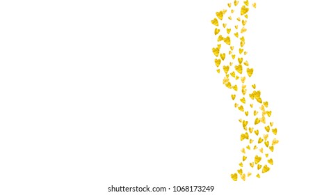 Heart border background with gold glitter. Valentines day. Vector confetti. Hand drawn texture. Love theme for voucher, special business banner. Wedding and bridal template with heart border.