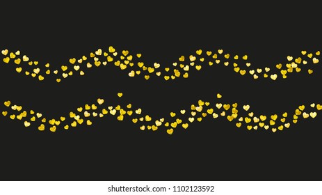 Heart border background with gold glitter. Valentines day. Vector confetti. Hand drawn texture. Love theme for party invite, retail offer and ad. Wedding and bridal template with heart border.