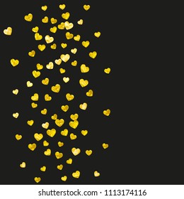 Heart border background with gold glitter. Valentines day. Vector confetti. Hand drawn texture. Love theme for voucher, special business banner. Wedding and bridal template with heart border.