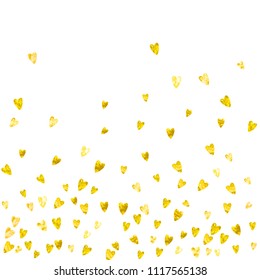 Heart border background with gold glitter. Valentines day. Vector confetti. Hand drawn texture. Love theme for poster, gift certificate, banner. Wedding and bridal template with heart border.