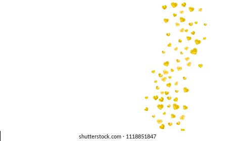 Heart border background with gold glitter. Valentines day. Vector confetti. Hand drawn texture. Love theme for party invite, retail offer and ad. Wedding and bridal template with heart border.