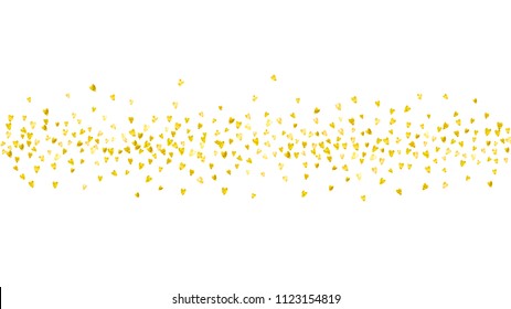 Heart border background with gold glitter. Valentines day. Vector confetti. Hand drawn texture. Love theme for poster, gift certificate, banner. Wedding and bridal template with heart border.