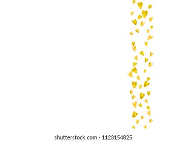 Heart border background with gold glitter. Valentines day. Vector confetti. Hand drawn texture. Love theme for gift coupons, vouchers, ads, events. Wedding and bridal template with heart border.
