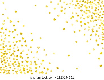 Heart border background with gold glitter. Valentines day. Vector confetti. Hand drawn texture. Love theme for flyer, special business offer, promo. Wedding and bridal template with heart border.