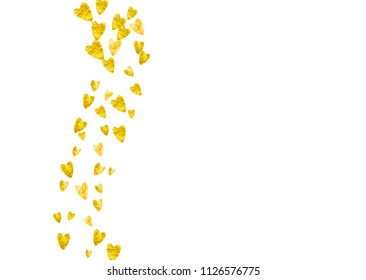 Heart border background with gold glitter. Valentines day. Vector confetti. Hand drawn texture. Love theme for voucher, special business banner. Wedding and bridal template with heart border.