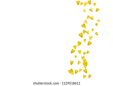 Heart border background with gold glitter. Valentines day. Vector confetti. Hand drawn texture. Love theme for party invite, retail offer and ad. Wedding and bridal template with heart border.