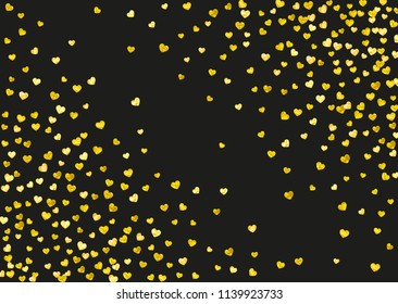 Heart border background with gold glitter. Valentines day. Vector confetti. Hand drawn texture. Love theme for poster, gift certificate, banner. Wedding and bridal template with heart border.