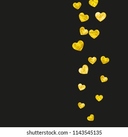 Heart border background with gold glitter. Valentines day. Vector confetti. Hand drawn texture. Love theme for poster, gift certificate, banner. Wedding and bridal template with heart border.
