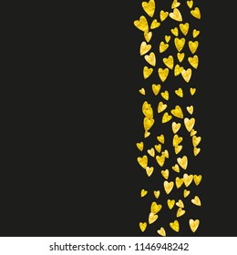 Heart border background with gold glitter. Valentines day. Vector confetti. Hand drawn texture. Love theme for poster, gift certificate, banner. Wedding and bridal template with heart border.