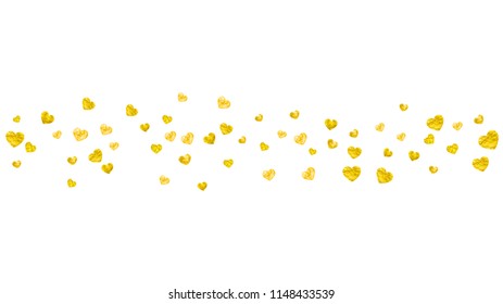 Heart border background with gold glitter. Valentines day. Vector confetti. Hand drawn texture. Love theme for voucher, special business banner. Wedding and bridal template with heart border.