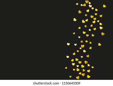 Heart border background with gold glitter. Valentines day. Vector confetti. Hand drawn texture. Love theme for gift coupons, vouchers, ads, events. Wedding and bridal template with heart border.