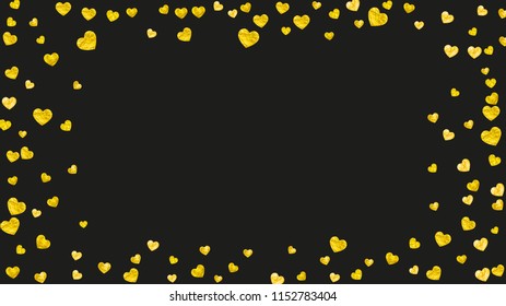 Heart border background with gold glitter. Valentines day. Vector confetti. Hand drawn texture. Love theme for poster, gift certificate, banner. Wedding and bridal template with heart border.