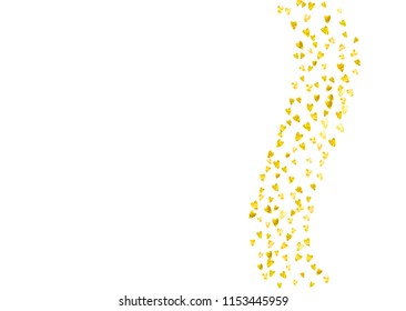 Heart border background with gold glitter. Valentines day. Vector confetti. Hand drawn texture. Love theme for party invite, retail offer and ad. Wedding and bridal template with heart border.