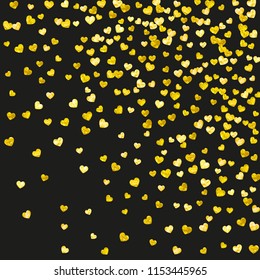 Heart border background with gold glitter. Valentines day. Vector confetti. Hand drawn texture. Love theme for flyer, special business offer, promo. Wedding and bridal template with heart border.