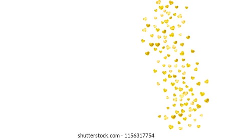 Heart border background with gold glitter. Valentines day. Vector confetti. Hand drawn texture. Love theme for party invite, retail offer and ad. Wedding and bridal template with heart border.