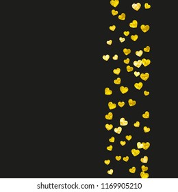 Heart border background with gold glitter. Valentines day. Vector confetti. Hand drawn texture. Love theme for flyer, special business offer, promo. Wedding and bridal template with heart border.