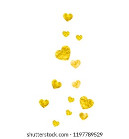 Heart border background with gold glitter. Valentines day. Vector confetti. Hand drawn texture. Love theme for poster, gift certificate, banner. Wedding and bridal template with heart border.