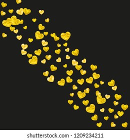Heart border background with gold glitter. Valentines day. Vector confetti. Hand drawn texture. Love theme for flyer, special business offer, promo. Wedding and bridal template with heart border.