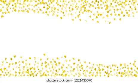 Heart border background with gold glitter. Valentines day. Vector confetti. Hand drawn texture. Love theme for flyer, special business offer, promo. Wedding and bridal template with heart border.