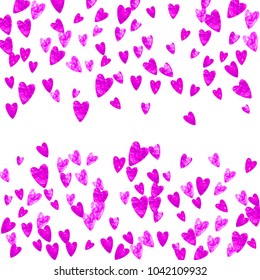 Heart border background with pink glitter. Valentines day. Vector confetti. Hand drawn texture. Love theme for poster, gift certificate, banner. Wedding and bridal template with heart border.