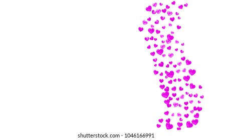 Heart border background with pink glitter. Valentines day. Vector confetti. Hand drawn texture. Love theme for poster, gift certificate, banner. Wedding and bridal template with heart border.