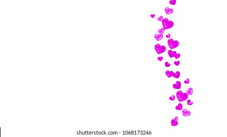 Heart border background with pink glitter. Valentines day. Vector confetti. Hand drawn texture. Love theme for voucher, special business banner. Wedding and bridal template with heart border.
