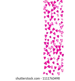 Heart border background with pink glitter. Valentines day. Vector confetti. Hand drawn texture. Love theme for party invite, retail offer and ad. Wedding and bridal template with heart border.