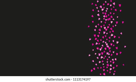 Heart border background with pink glitter. Valentines day. Vector confetti. Hand drawn texture. Love theme for party invite, retail offer and ad. Wedding and bridal template with heart border.