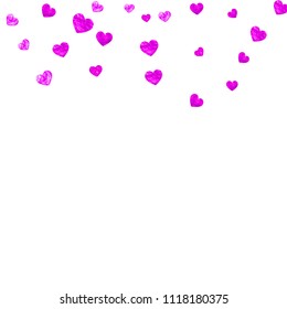 Heart border background with pink glitter. Valentines day. Vector confetti. Hand drawn texture. Love theme for voucher, special business banner. Wedding and bridal template with heart border.