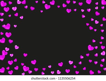 Heart border background with pink glitter. Valentines day. Vector confetti. Hand drawn texture. Love theme for party invite, retail offer and ad. Wedding and bridal template with heart border.