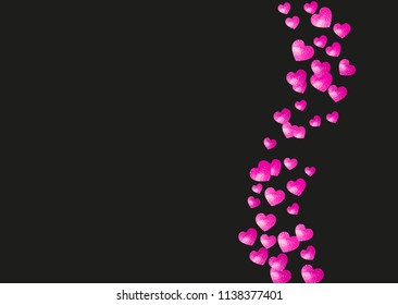 Heart border background with pink glitter. Valentines day. Vector confetti. Hand drawn texture. Love theme for gift coupons, vouchers, ads, events. Wedding and bridal template with heart border.