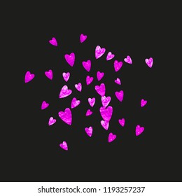 Heart border background with pink glitter. Valentines day. Vector confetti. Hand drawn texture. Love theme for voucher, special business banner. Wedding and bridal template with heart border.