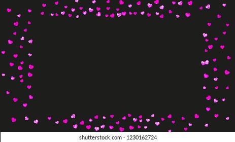 Heart border background with pink glitter. Valentines day. Vector confetti. Hand drawn texture. Love theme for flyer, special business offer, promo. Wedding and bridal template with heart border.