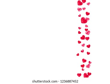 Heart border background with pink glitter. Valentines day. Vector confetti. Hand drawn texture. Love theme for poster, gift certificate, banner. Wedding and bridal template with heart border.