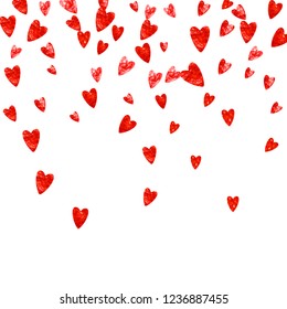Heart border background with pink glitter. Valentines day. Vector confetti. Hand drawn texture. Love theme for flyer, special business offer, promo. Wedding and bridal template with heart border.