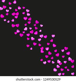 Heart border background with pink glitter. Valentines day. Vector confetti. Hand drawn texture. Love theme for party invite, retail offer and ad. Wedding and bridal template with heart border.