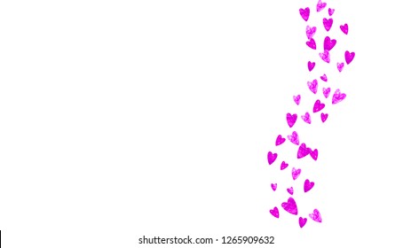 Heart border background with pink glitter. Valentines day. Vector confetti. Hand drawn texture. Love theme for poster, gift certificate, banner. Wedding and bridal template with heart border.