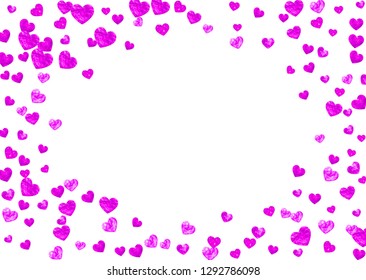 Heart border background with pink glitter. Valentines day. Vector confetti. Hand drawn texture. Love theme for party invite, retail offer and ad. Wedding and bridal template with heart border.